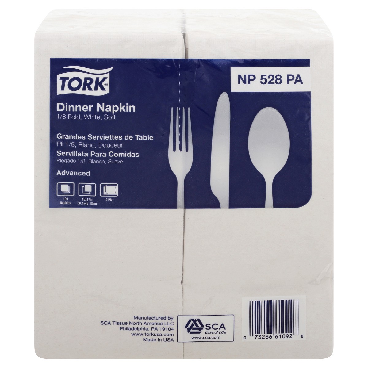 slide 1 of 8, Tork Dinner Napkin, White, Soft, 1/8 Fold, 2-Ply, 100 ct