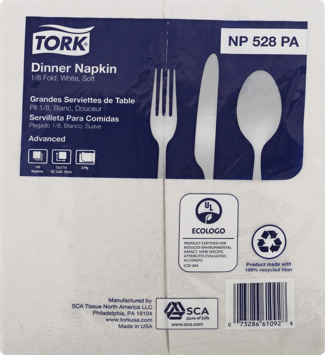 slide 8 of 8, Tork Dinner Napkin, White, Soft, 1/8 Fold, 2-Ply, 100 ct
