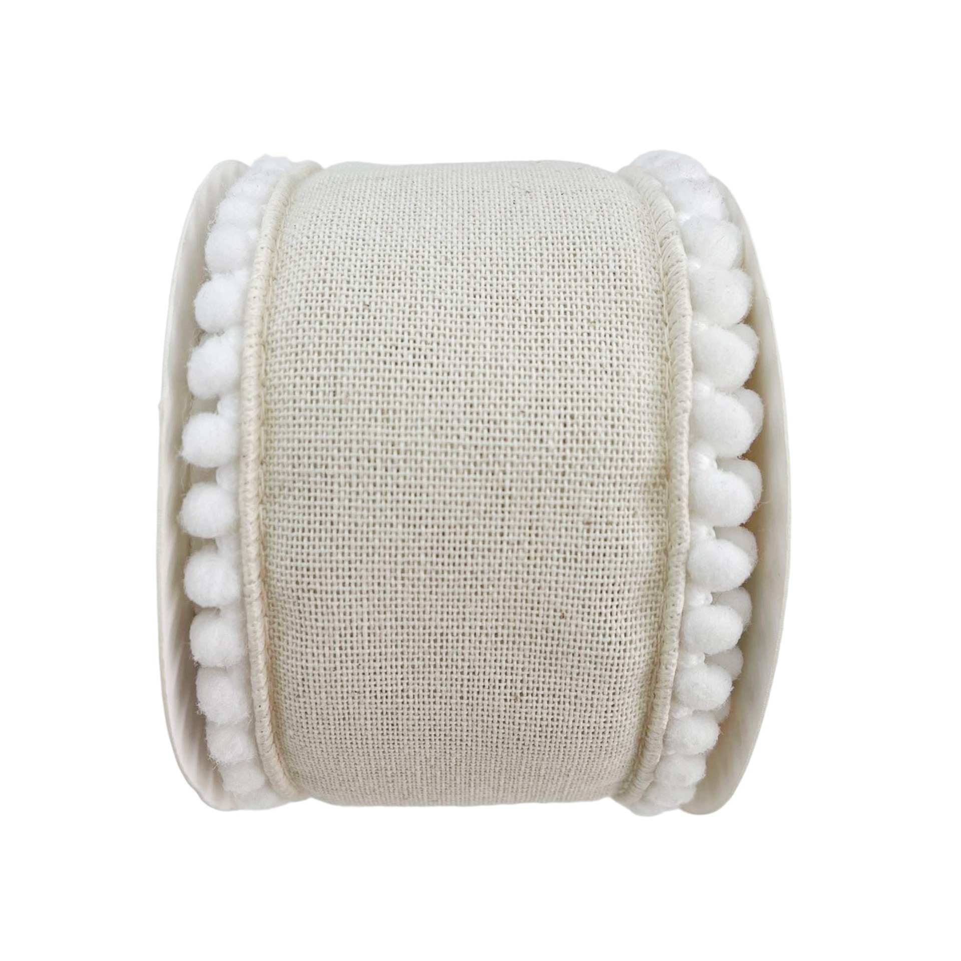 slide 4 of 4, 2.5" X 2yd. Faux Burlap With Pom Pom Trim Ribbon By Celebrate It, 2.5 in x 2 yd