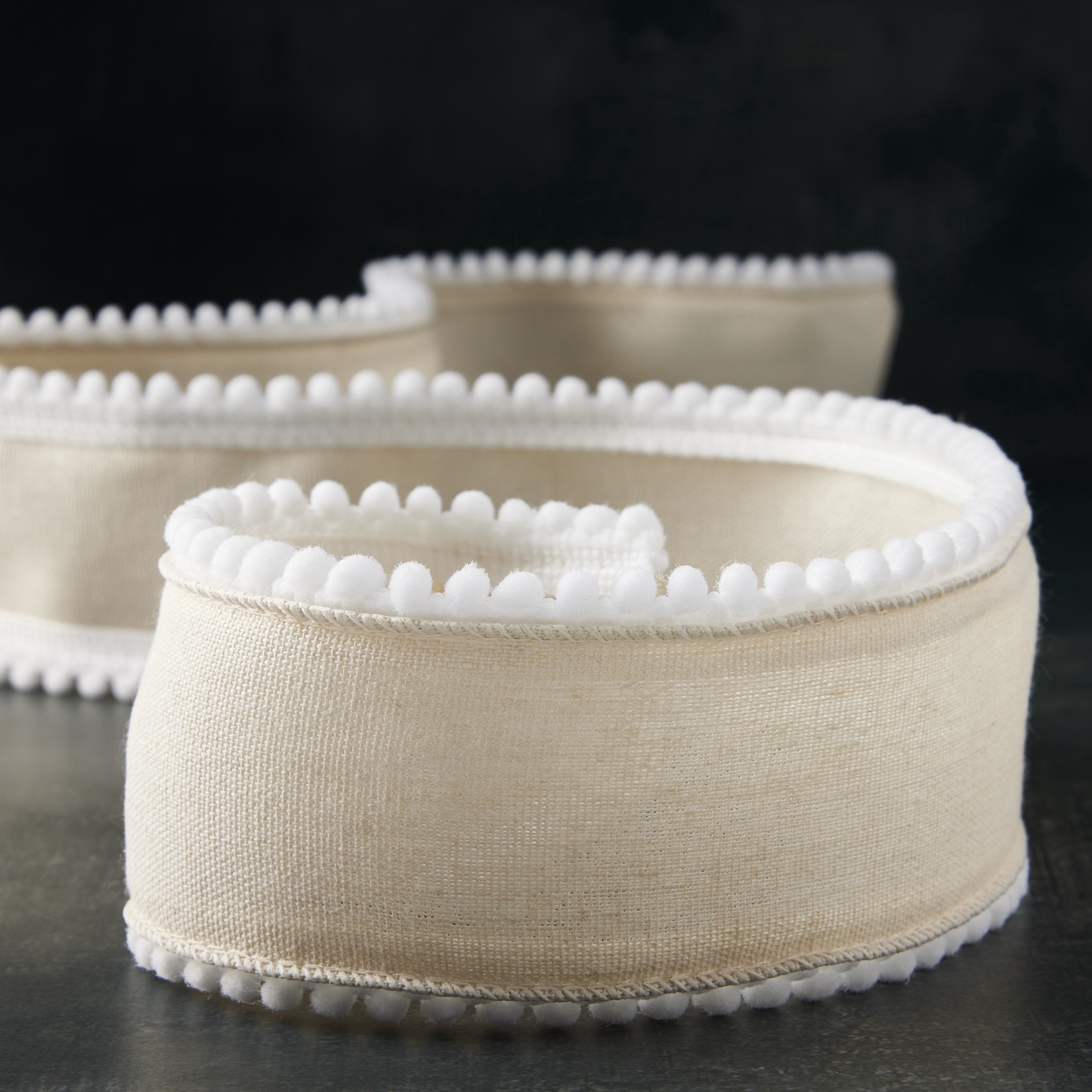 slide 3 of 4, 2.5" X 2yd. Faux Burlap With Pom Pom Trim Ribbon By Celebrate It, 2.5 in x 2 yd