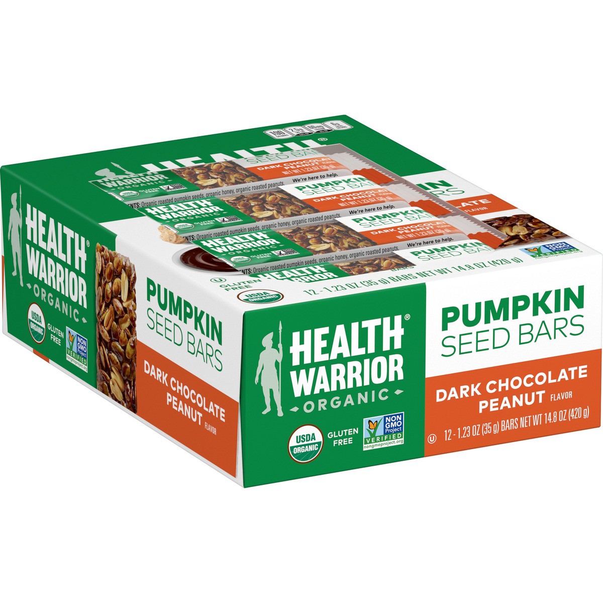 slide 2 of 7, Health Warrior Pumpkin Seeds Bars Dark Chocolate Peanut Flavor 1.23 Oz 12 Count, 14.8 oz