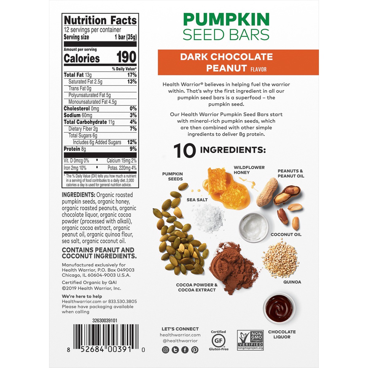 slide 3 of 7, Health Warrior Pumpkin Seeds Bars Dark Chocolate Peanut Flavor 1.23 Oz 12 Count, 14.8 oz