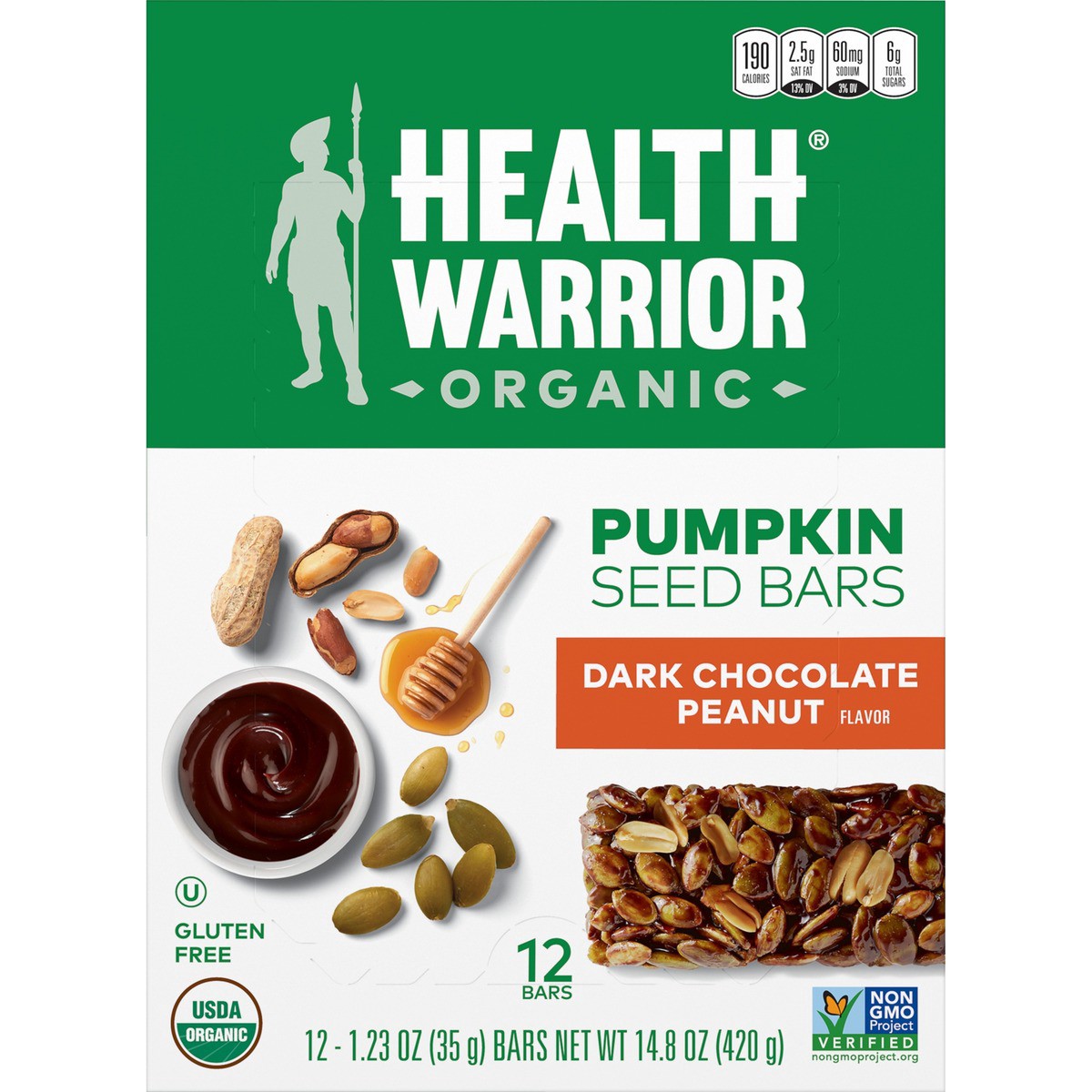 slide 4 of 7, Health Warrior Pumpkin Seeds Bars Dark Chocolate Peanut Flavor 1.23 Oz 12 Count, 14.8 oz