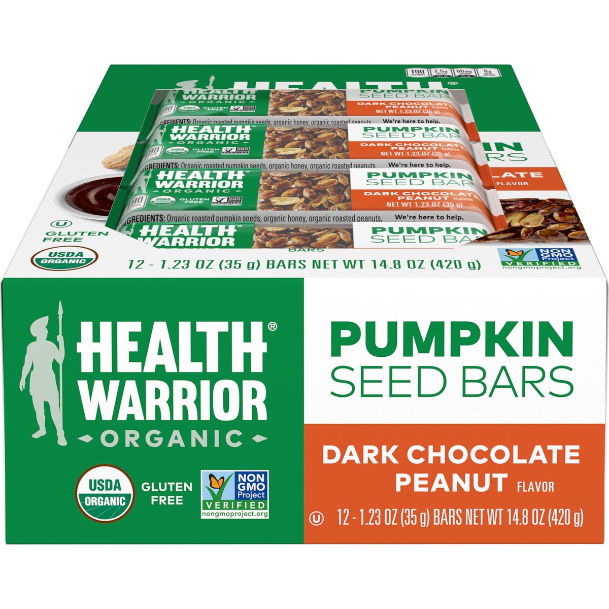 slide 1 of 7, Health Warrior Pumpkin Seeds Bars Dark Chocolate Peanut Flavor 1.23 Oz 12 Count, 14.8 oz