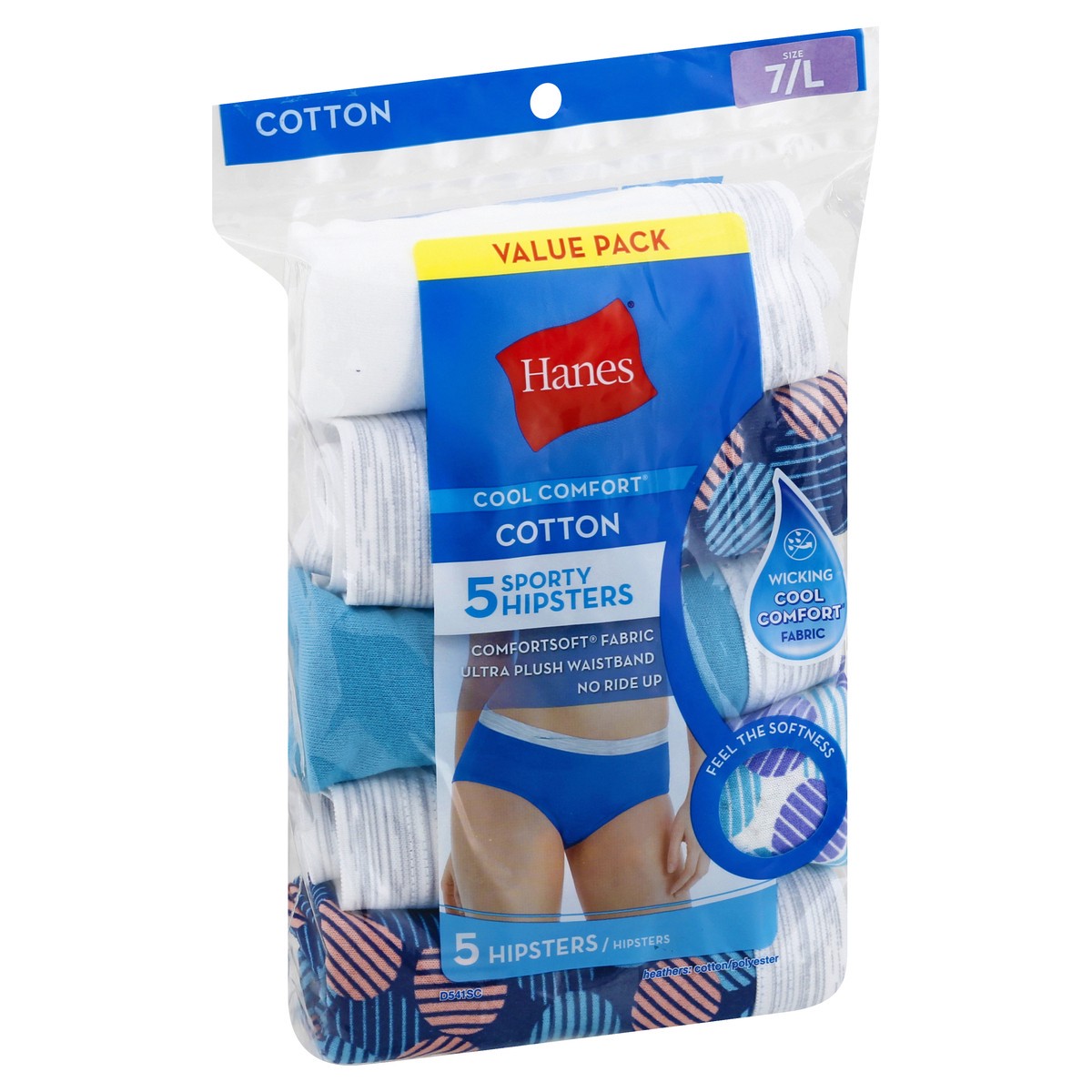 slide 10 of 10, Hanes Cool Comfort Value Pack Size 7/L Cotton Sporty Hipsters 5 ea, 5 ct