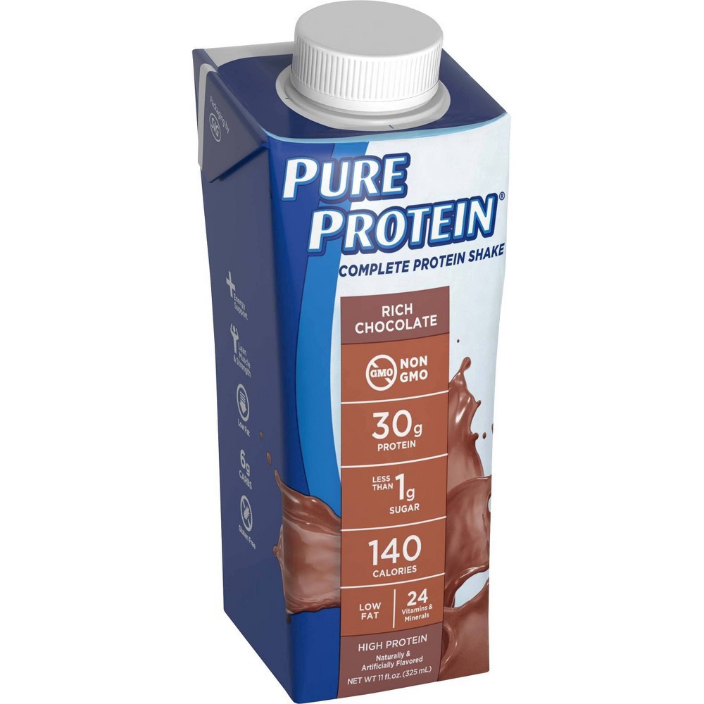 slide 3 of 5, Pure Protein Shake, Complete Protein, Rich Chocolate, 30 g Protein, 11 fl oz, 4 Count, 4 ct; 11 oz