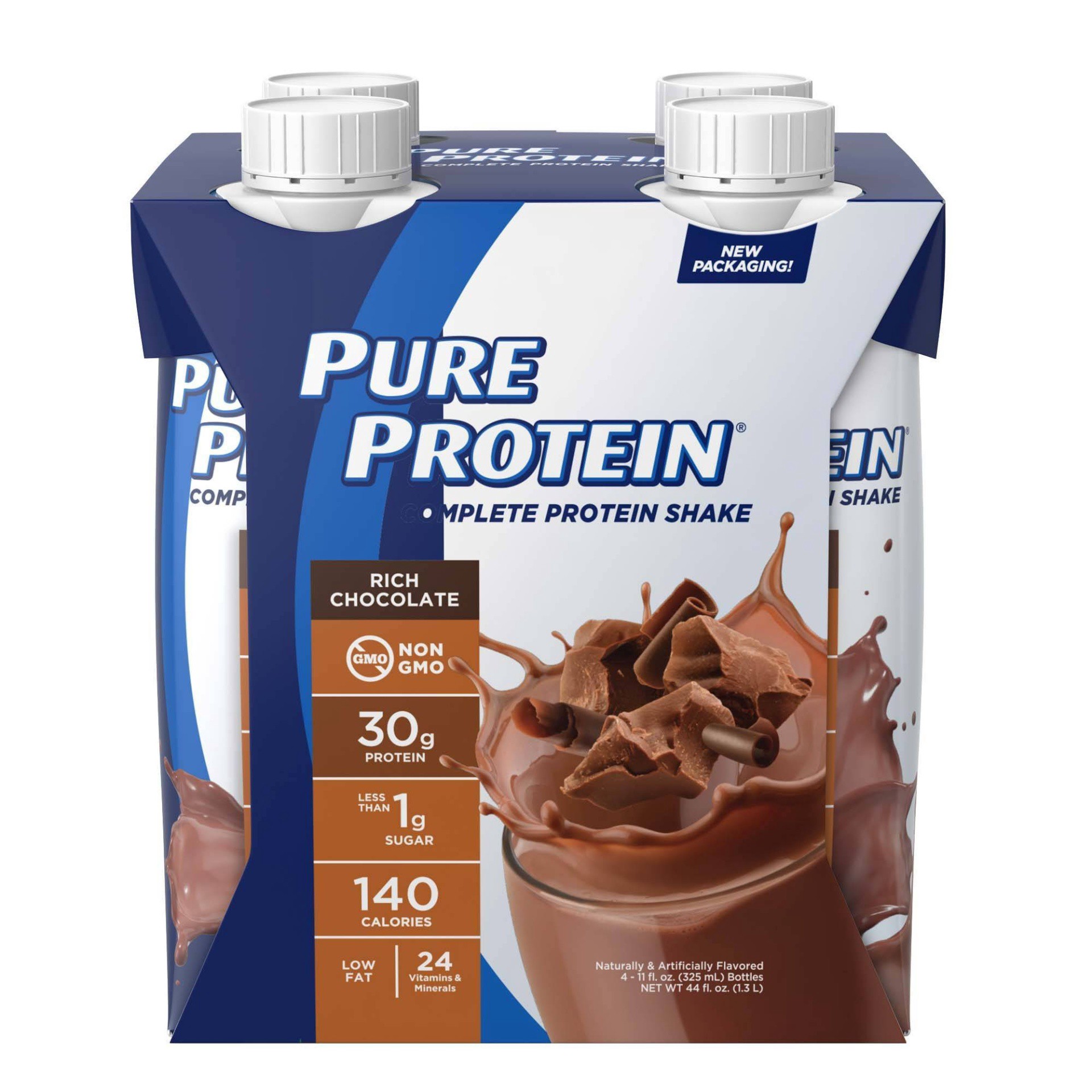 slide 1 of 5, Pure Protein Shake, Complete Protein, Rich Chocolate, 30 g Protein, 11 fl oz, 4 Count, 4 ct; 11 oz