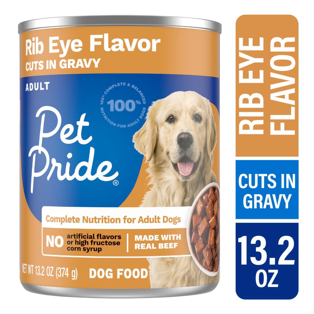 slide 4 of 4, Pet Pride Rib Eye Flavor Cuts In Gravy Wet Dog Food Can, 13.2 oz