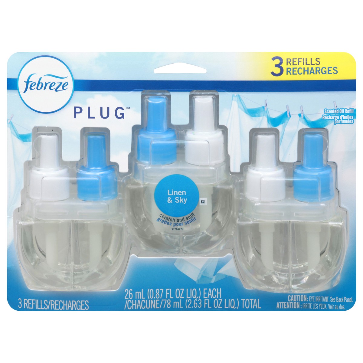 slide 9 of 11, Febreze Plug Linen & Sky Scented Oil Refill 3-26 ml Bottles, 3 ct