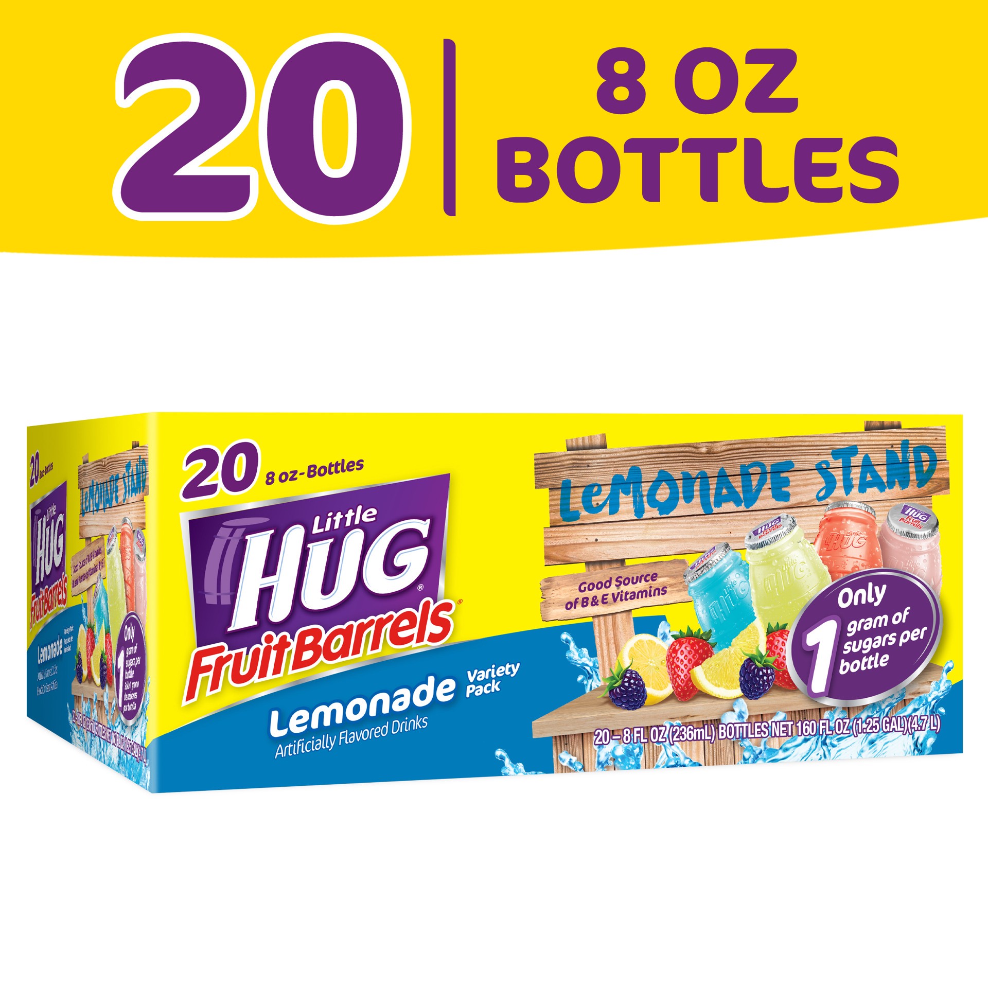 slide 1 of 9, Little HUG Fruit Barrels, Lemonade Stand, Kids Drinks Variety Pack, 20 Count, 8 FL OZ Bottles, 8 oz