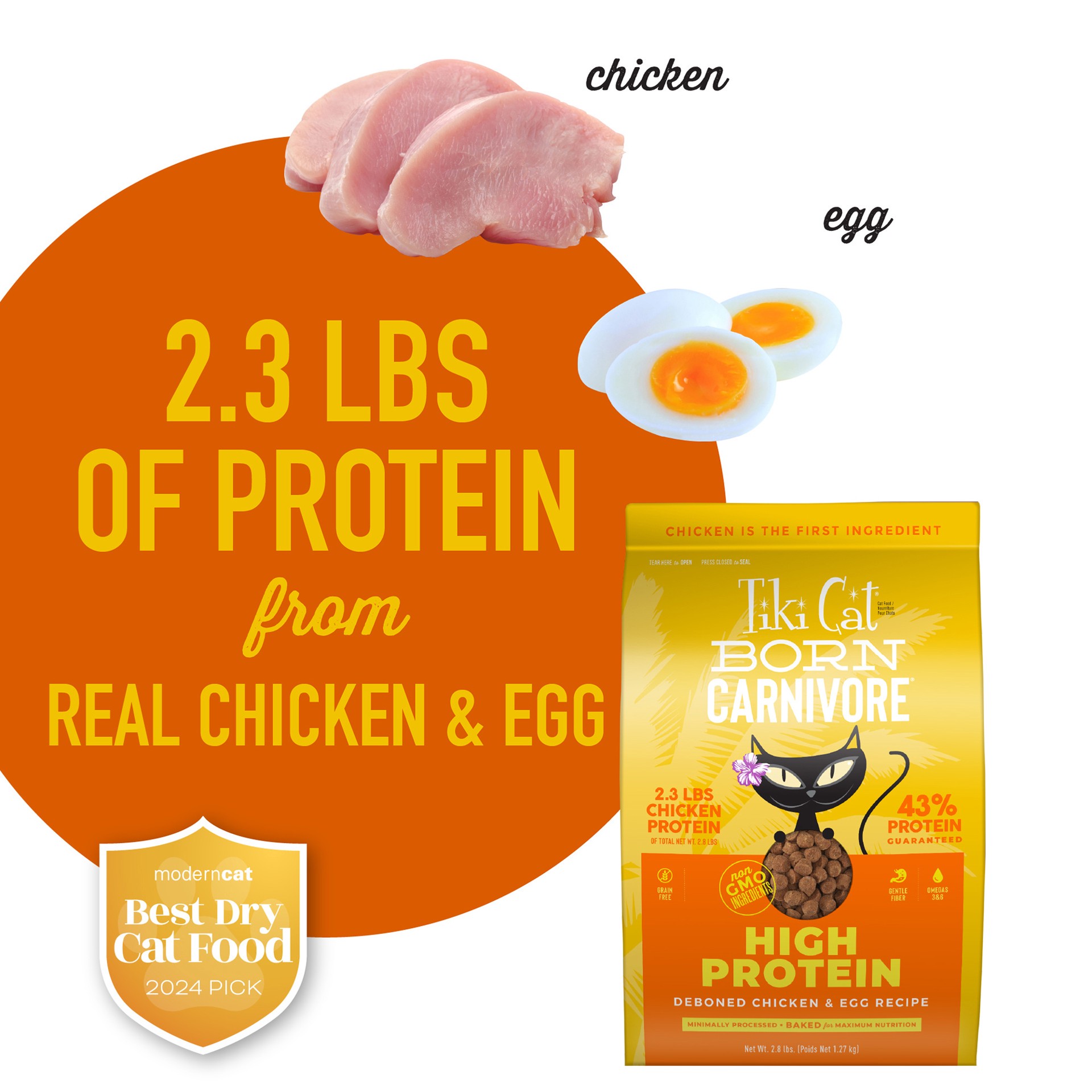 slide 6 of 7, Tiki Cat Born Carnivore High Protein Dry Cat Food, Deboned Chicken & Egg, 2.8 lbs. Bag, 2.8 lb