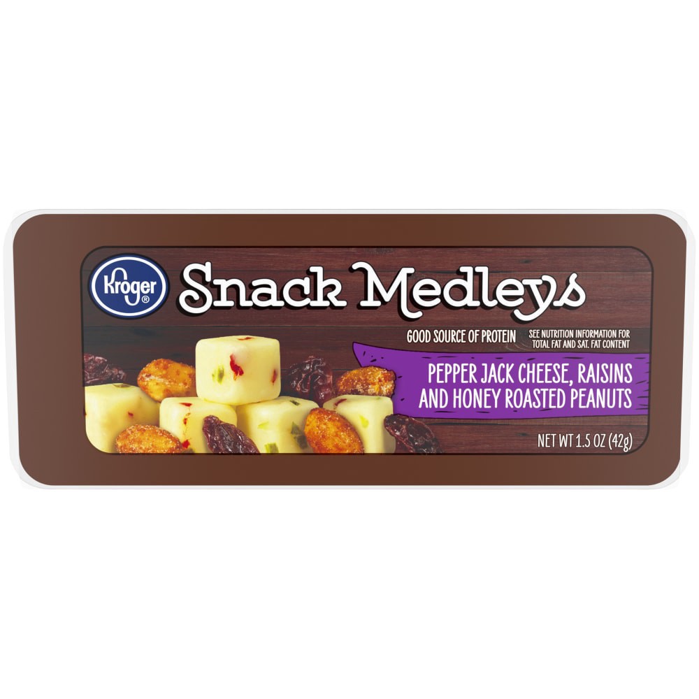 slide 1 of 3, Kroger Snack Medley - Pepperjack Cheese Raisins & Honey Roasted Peanuts, 1.5 oz