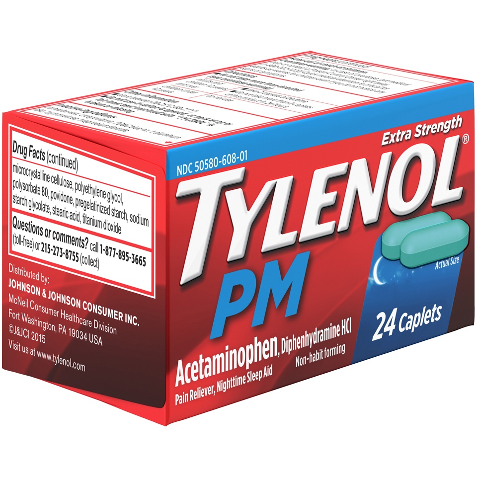 slide 2 of 6, Tylenol PM Extra Strength Nighttime Pain Reliever & Sleep Aid Caplets, 500 mg Acetaminophen & 25 mg Diphenhydramine HCl, Relief for Nighttime Aches & Pains, Non-Habit Forming, 24 ct