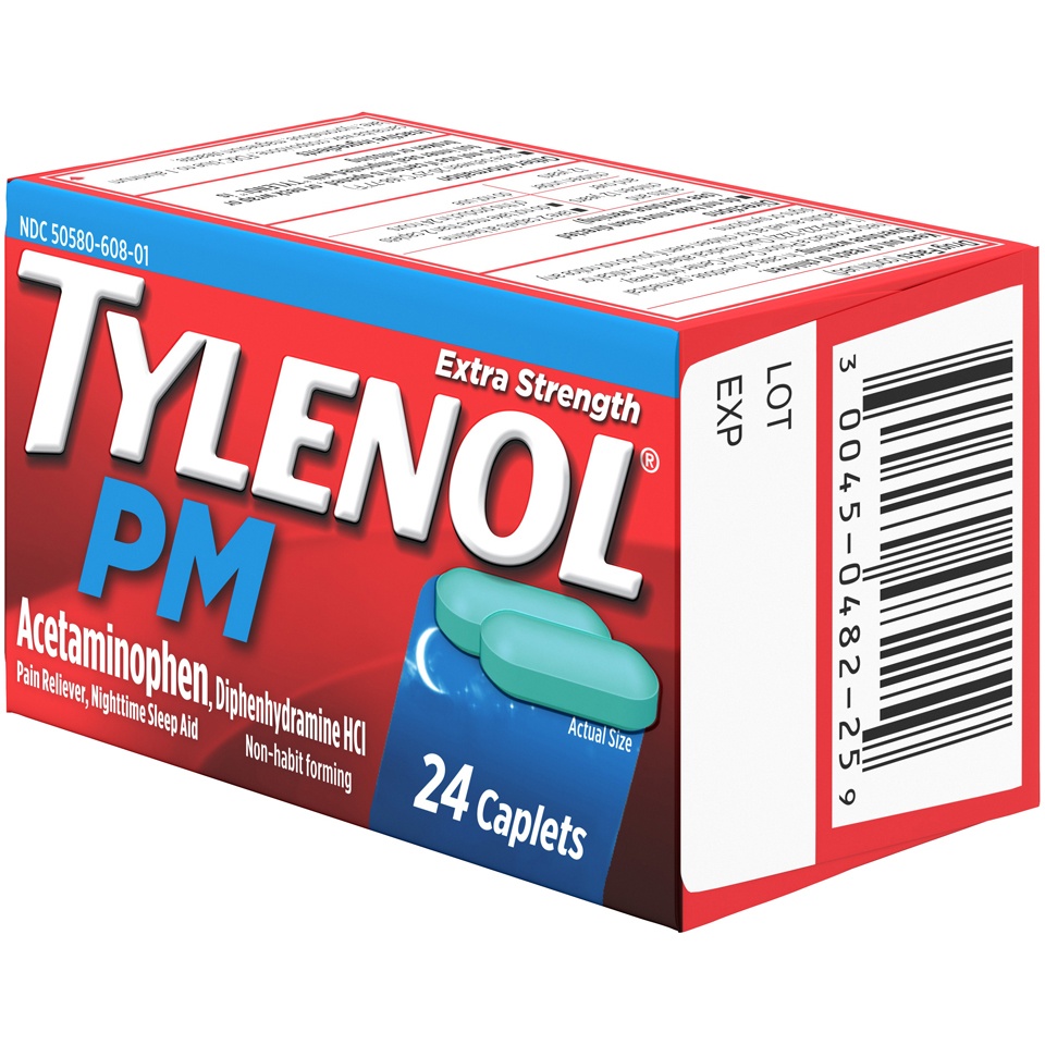slide 3 of 6, Tylenol PM Extra Strength Nighttime Pain Reliever & Sleep Aid Caplets, 500 mg Acetaminophen & 25 mg Diphenhydramine HCl, Relief for Nighttime Aches & Pains, Non-Habit Forming, 24 ct