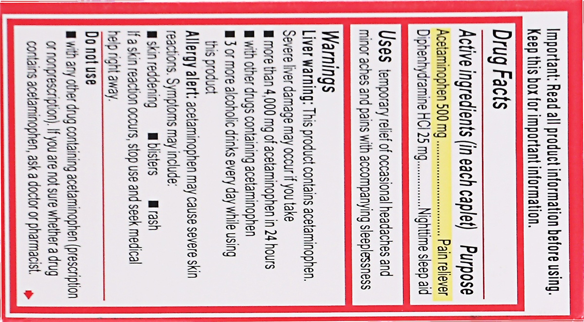 slide 7 of 10, Tylenol PM Extra Strength Nighttime Pain Reliever & Sleep Aid Caplets Acetaminophen & Diphenhydramine HCl, Relief for Nighttime Aches & Pains, Non-Habit Forming, 24 ct
