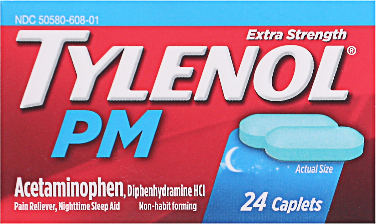 slide 8 of 10, Tylenol PM Extra Strength Nighttime Pain Reliever & Sleep Aid Caplets Acetaminophen & Diphenhydramine HCl, Relief for Nighttime Aches & Pains, Non-Habit Forming, 24 ct