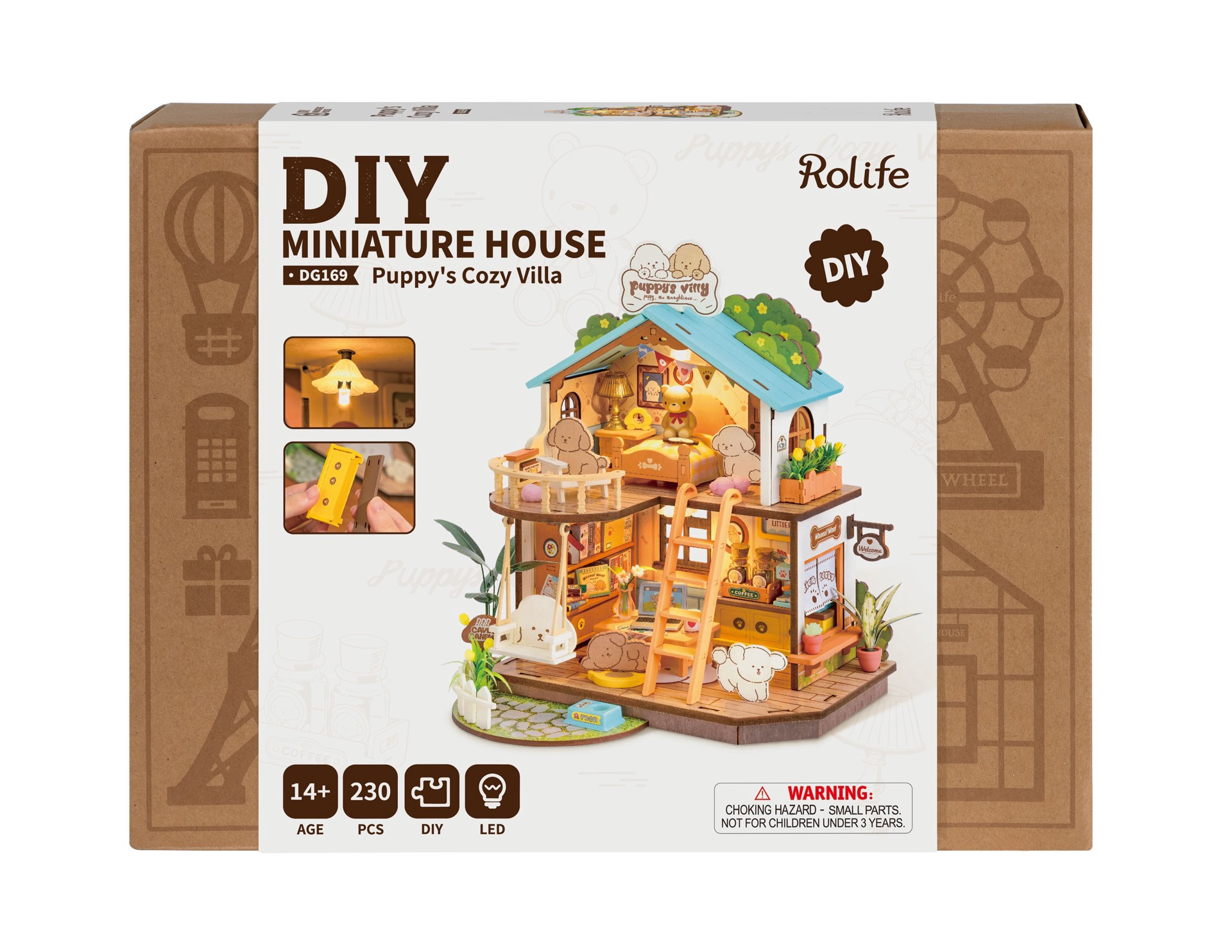 slide 6 of 9, Robotime Rolife Puppy's Cozy Villa Diy Miniature House Kit, 8.5 in x 7 in x 9.25 in