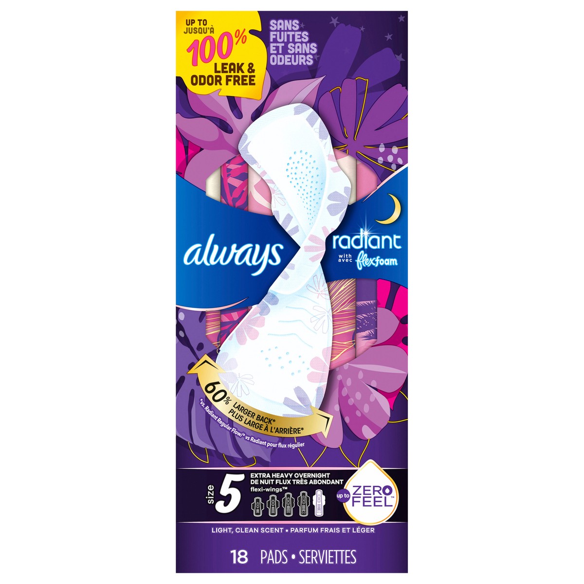 slide 1 of 5, Always Radiant Overnight Feminine Pads for Women, Size 5, Extra Heavy Nighttime, with Wings, Light Clean Scent, 18 ct, 18 ct