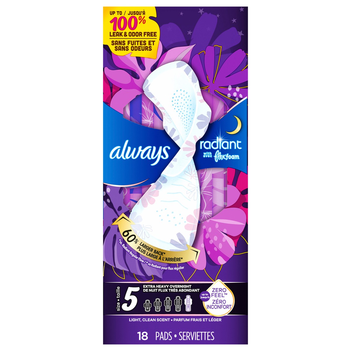 slide 1 of 5, Always Radiant with FlexFoam Pads\, Size 5\, Extra Heavy Overnight Absorbency\, with Wings\, Lightly Scented\, 18 CT, 18 ct