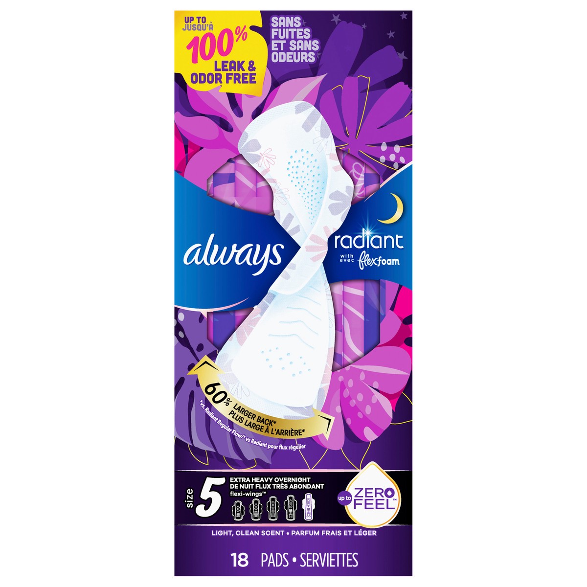slide 1 of 5, Always Radiant, Size 5, Extra Heavy Overnight Sanitary Pads With Wings, Scented, 18 ct