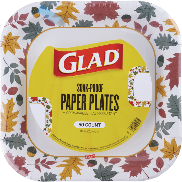 slide 1 of 1, Glad Soak-Proof Paper Plates, Falling Foliage, 50 Ct, 10 In, 50 ct