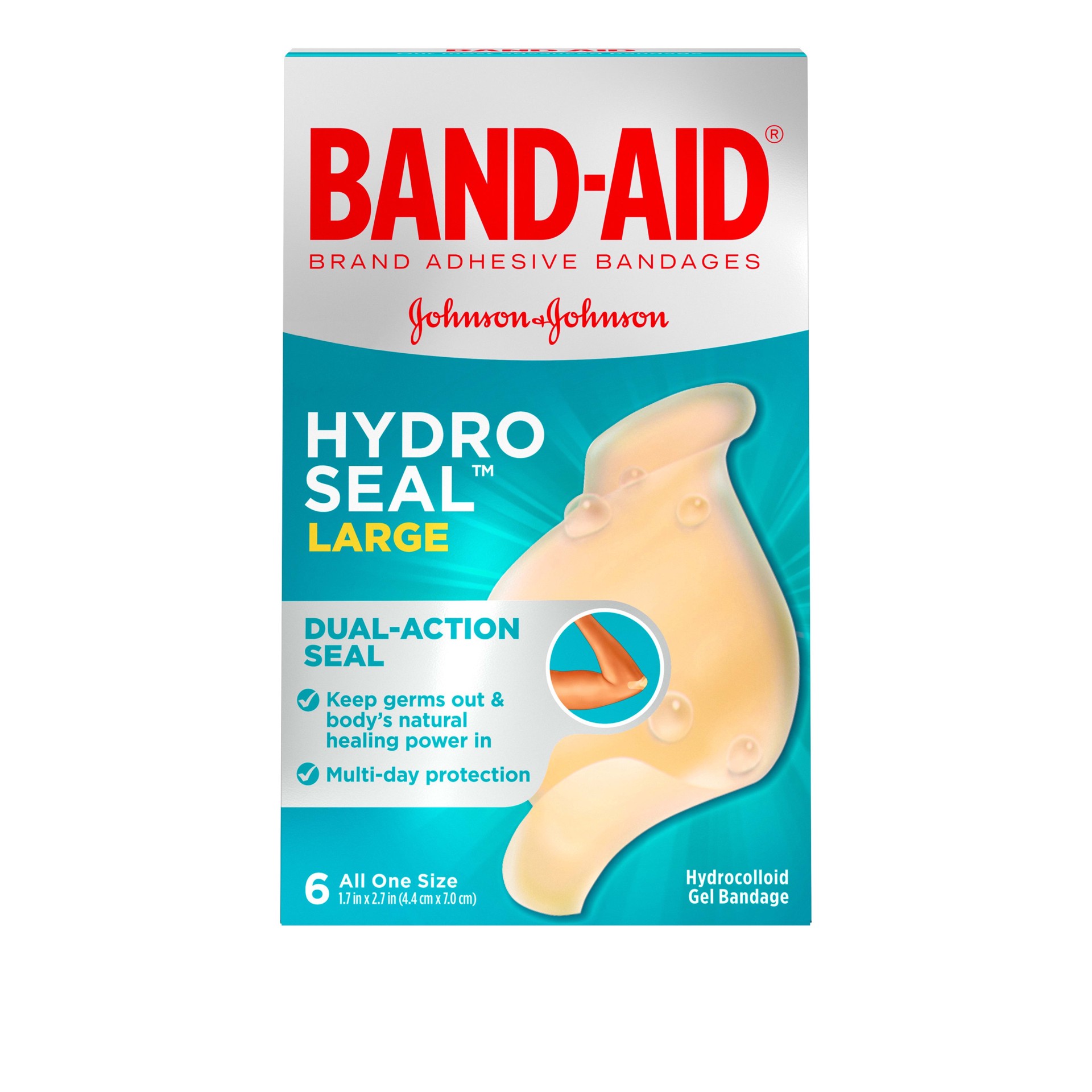 slide 1 of 5, BAND-AID Hydro Seal Large Adhesive Bandages for Wound Care,Blisters, Cuts and Scrapes, All Purpose Waterproof Bandages, 6 Count, 6 ct