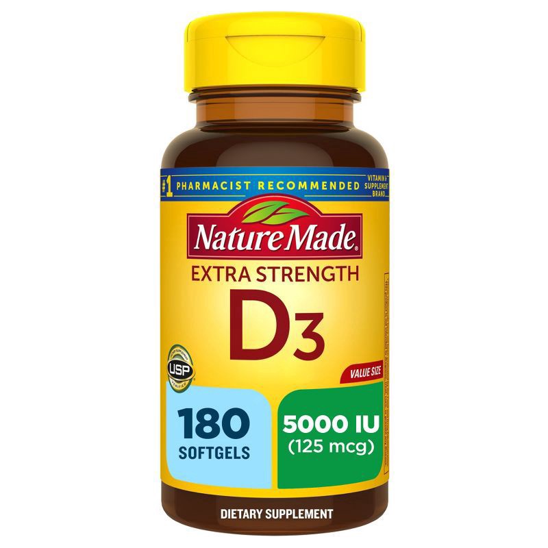 slide 1 of 54, Nature Made Extra Strength Vitamin D3 5000 IU (125 mcg), Dietary Supplement for Bone, Teeth, Muscle and Immune Health Support, 180 Softgels, 180 Day Supply, 180 ct