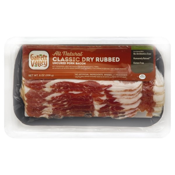 slide 1 of 1, Garrett Valley Dry Rubbed Uncured Bacon, 8 oz