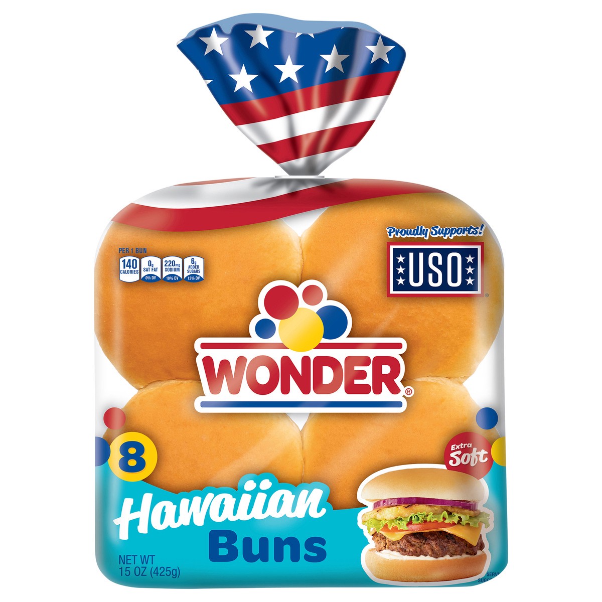 slide 1 of 9, Wonder Bread Hawaiian Buns, White Hawaiian Bread Hamburger Buns, 15 oz, 8 Count, 8 ct