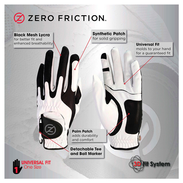 slide 4 of 13, Zero Friction Men's Compression-Fit Left Hand Synthetic Golf Glove, White, Universal Fit One Size, One Size