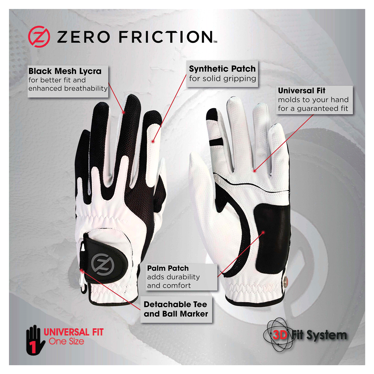 slide 5 of 13, Zero Friction Men's Compression-Fit Left Hand Synthetic Golf Glove, White, Universal Fit One Size, One Size