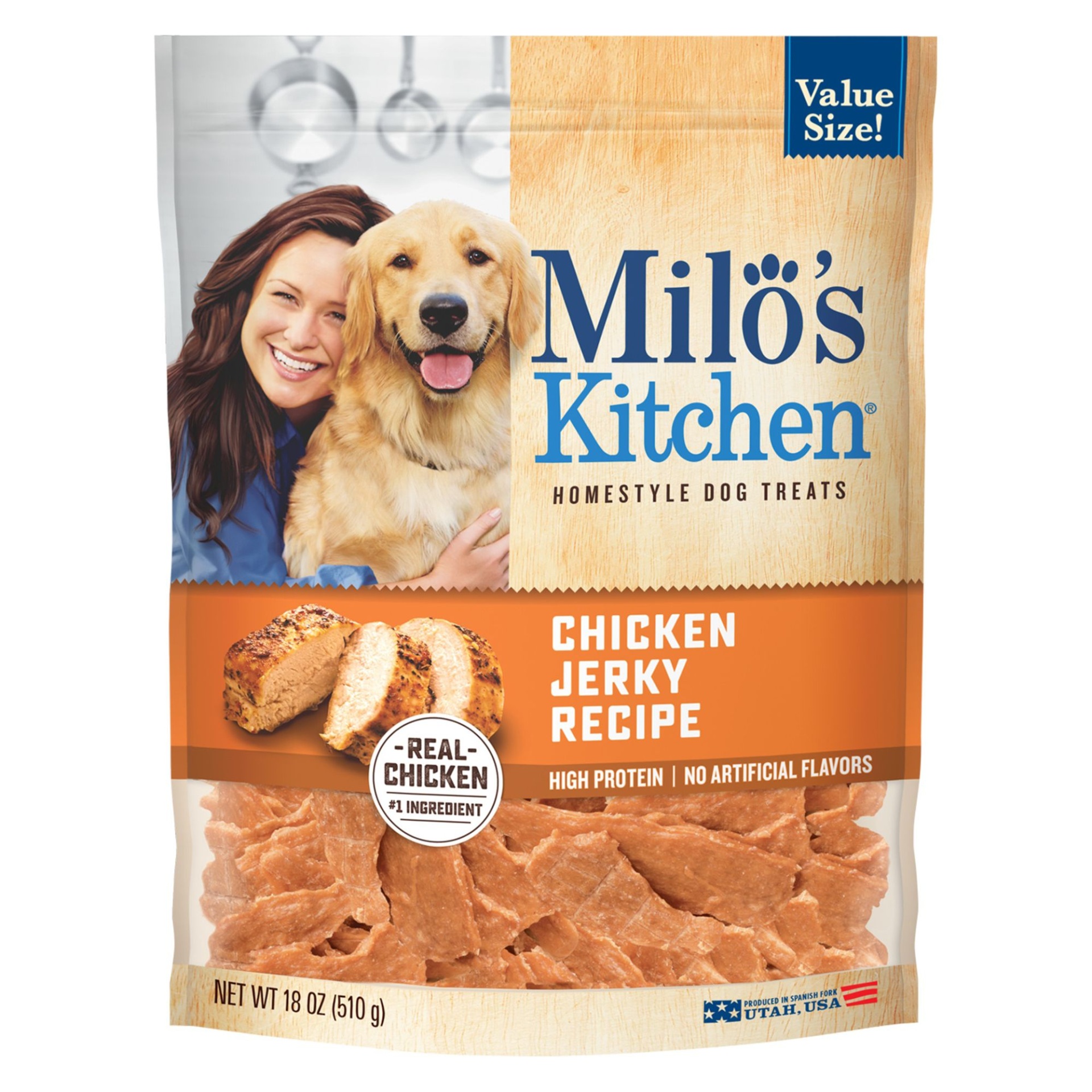 slide 1 of 1, Milo's Kitchen Chicken Jerky Recipe Dog Treats, 18 oz