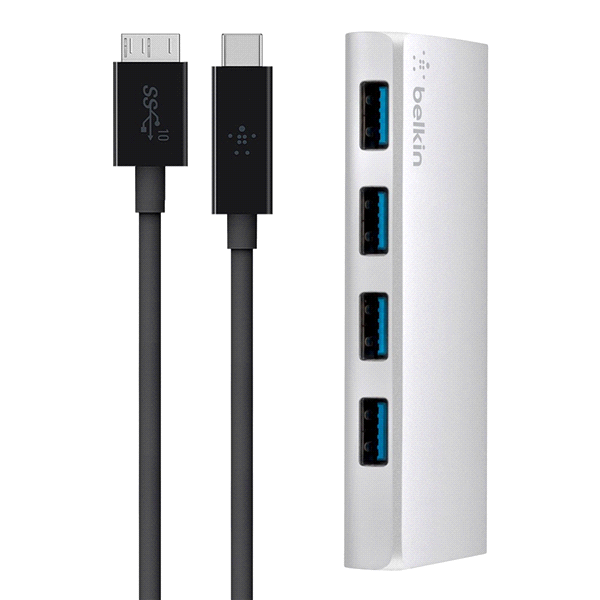 slide 1 of 1, Belkin 4 port USB 3.0 HUB+USB-C cable, 1 ct