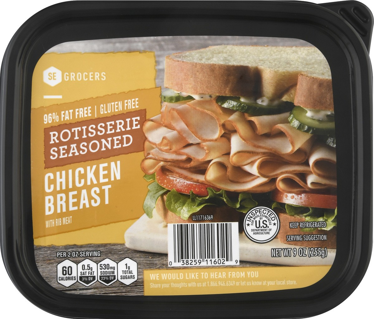 slide 1 of 11, SE Grocers Chicken Breast Rotisserie Seasoned, 9 oz