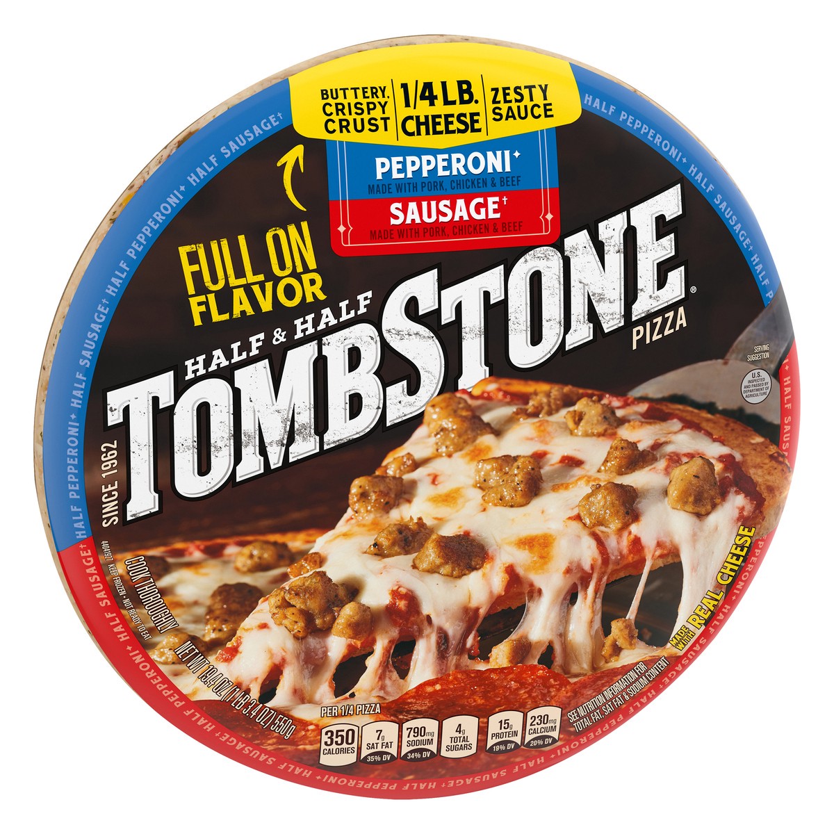 slide 7 of 10, Tombstone HALF & HALF Pepperoni & Sausage Frozen Pizza Pack, 19.4 oz