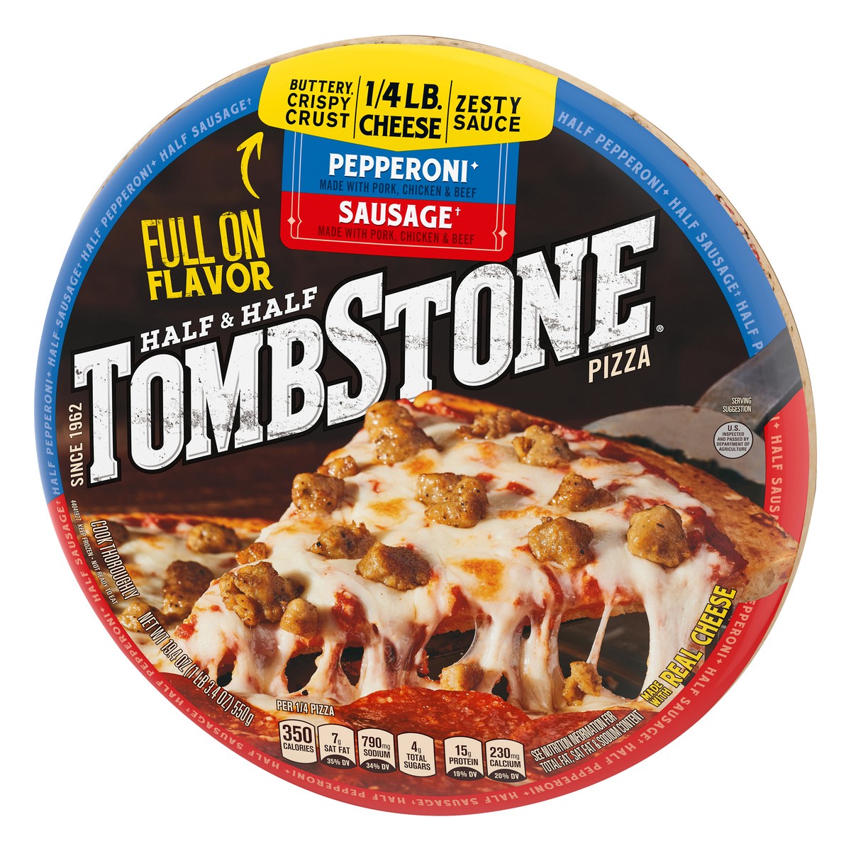 slide 5 of 10, Tombstone HALF & HALF Pepperoni & Sausage Frozen Pizza Pack, 19.4 oz