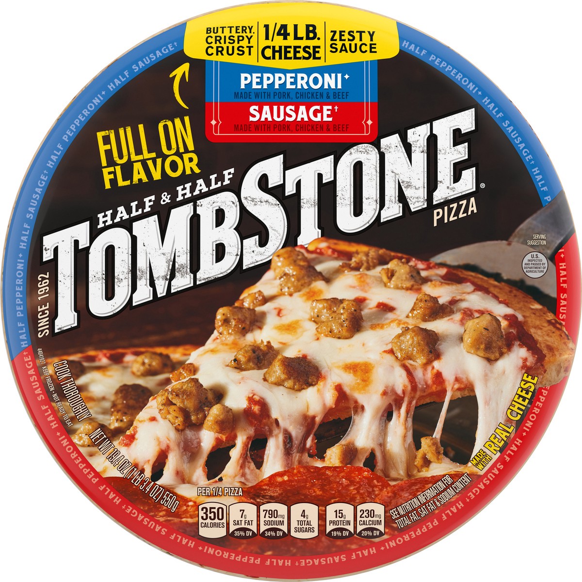 slide 8 of 10, Tombstone HALF & HALF Pepperoni & Sausage Frozen Pizza Pack, 19.4 oz