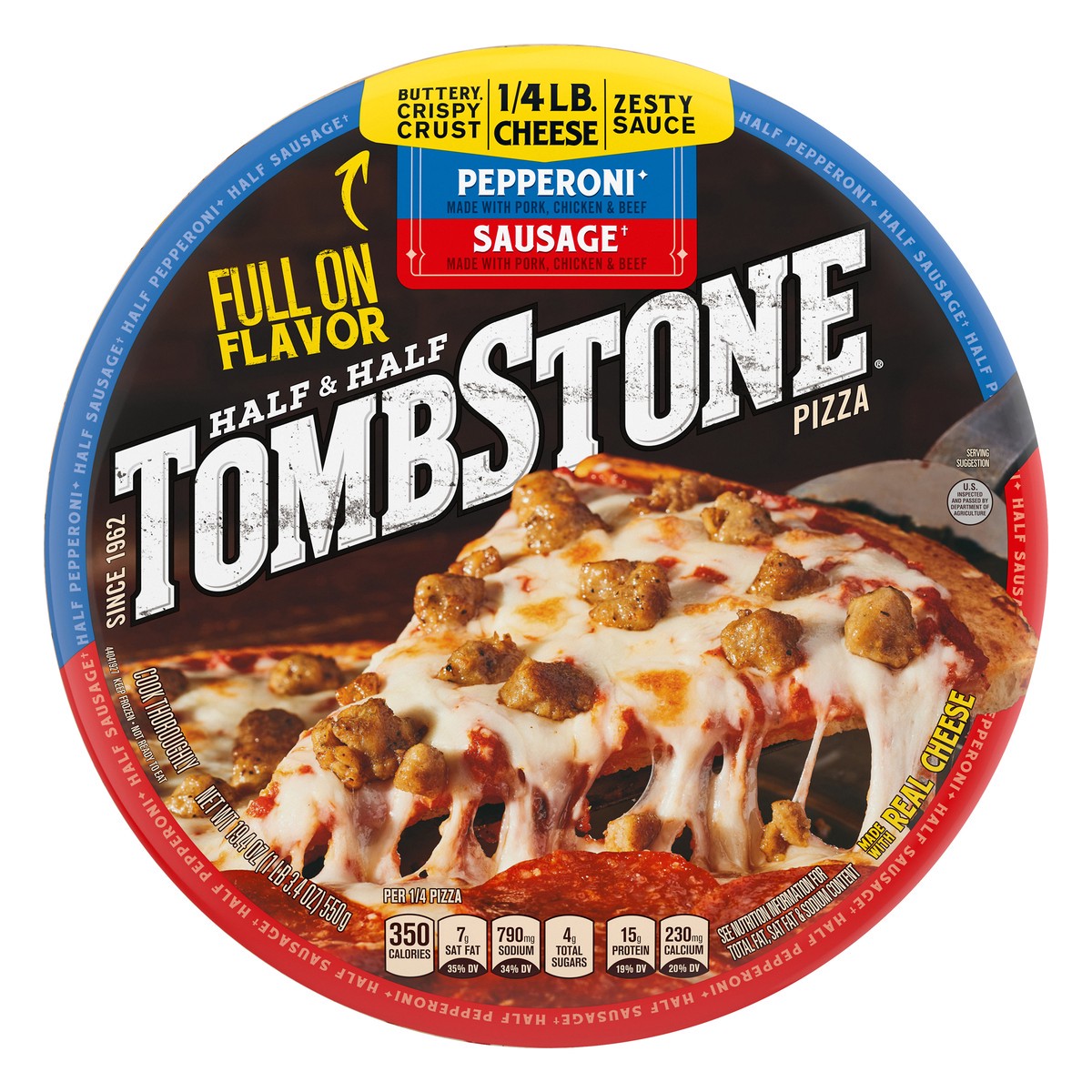 slide 1 of 10, Tombstone HALF & HALF Pepperoni & Sausage Frozen Pizza Pack, 19.4 oz