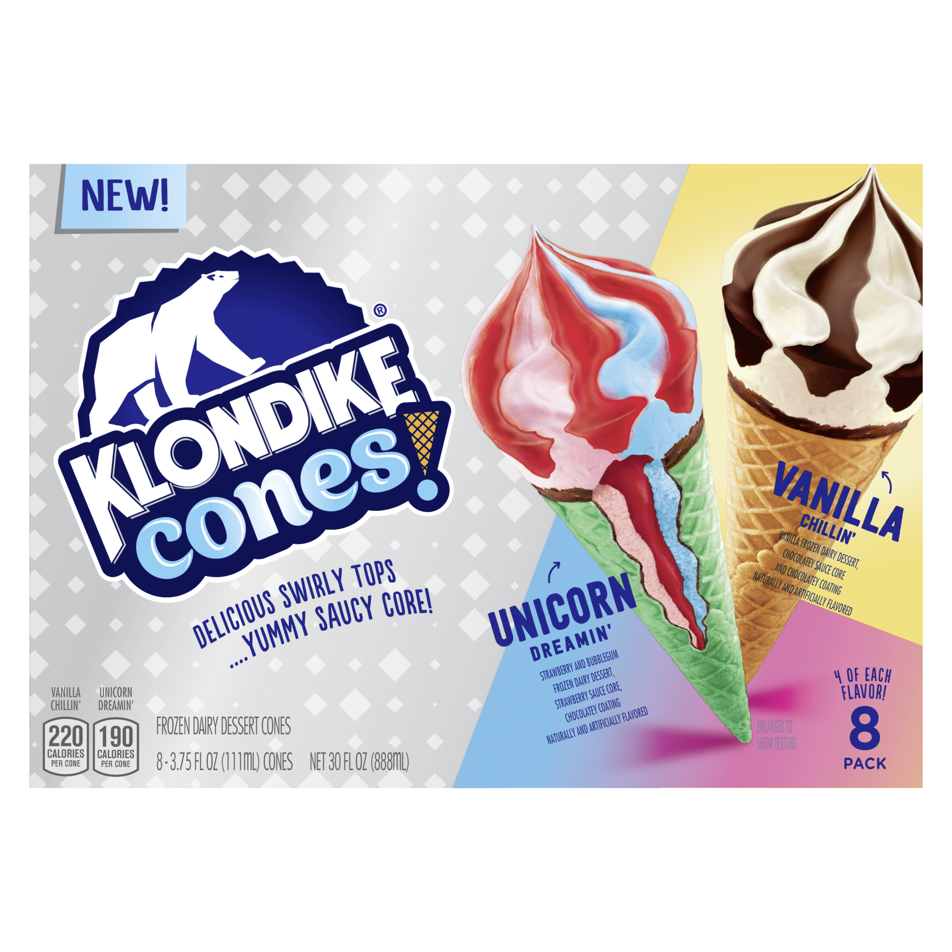 slide 2 of 4, Klondike Frozen Dairy Dessert Cone Unicorn Dreamin' & Vanilla Chillin', 3.75 fl oz, 8 Count, 3.75 fl oz