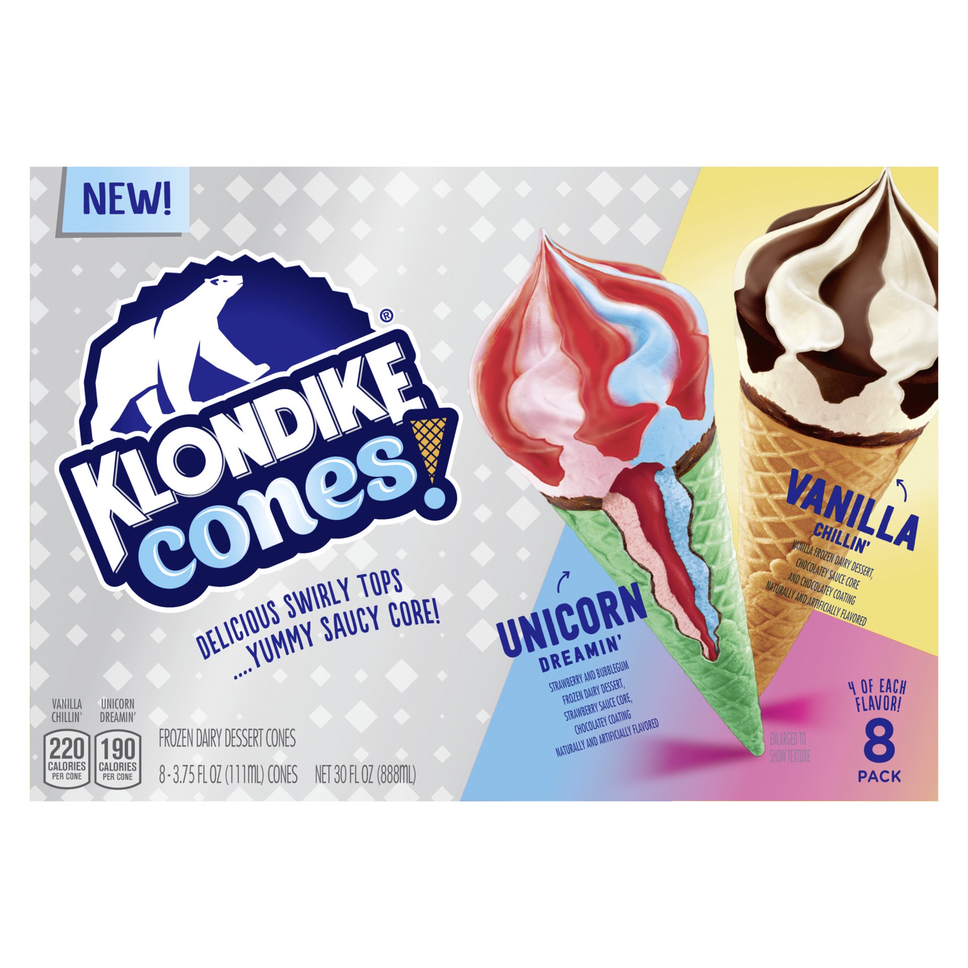 slide 1 of 4, Klondike Frozen Dairy Dessert Cone Unicorn Dreamin' & Vanilla Chillin', 3.75 fl oz, 8 Count, 3.75 fl oz