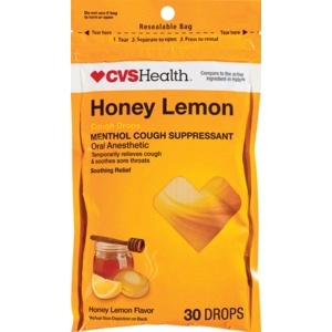 slide 1 of 1, CVS Health Cough Drops Menthol Cough Suppressant Honey Lemon, 30 ct