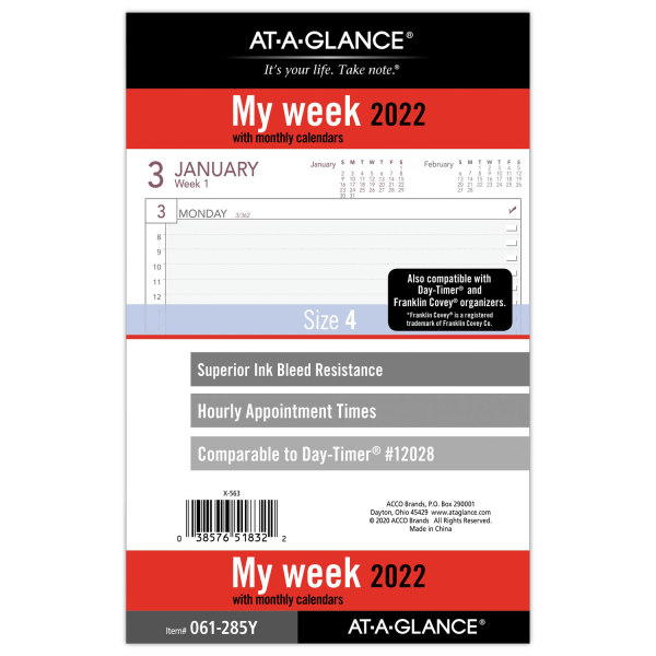 slide 1 of 10, At-A-Glance Weekly/Monthly Planner Refill, Desk Size 4, 5-1/2'' X 8-1/2'', January To December 2022, 061-285Y, 1 ct