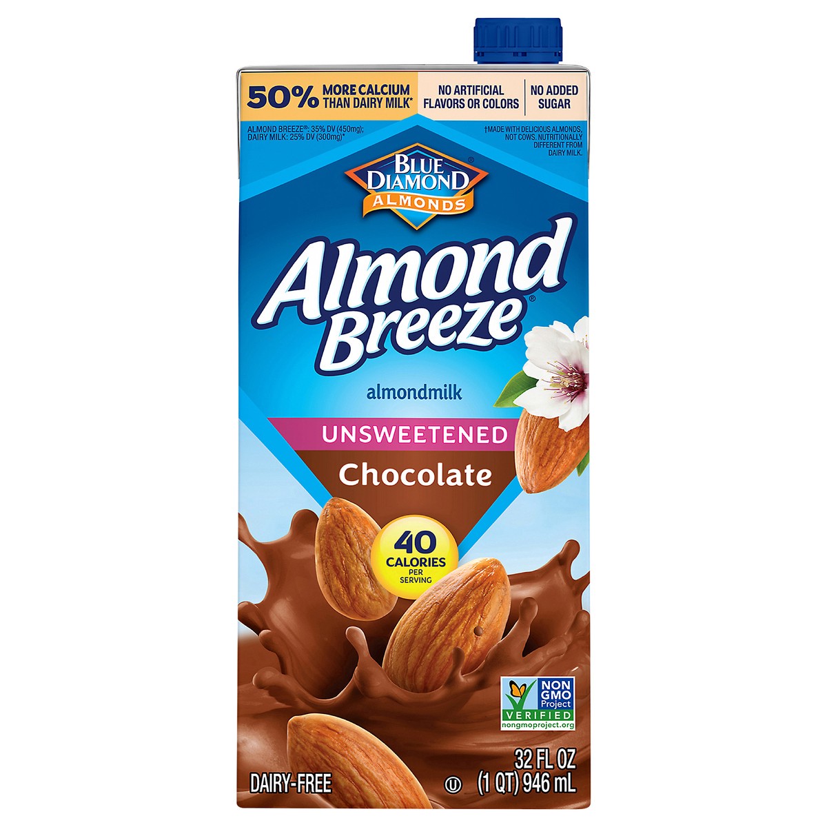 slide 1 of 9, Blue Diamond Almond Breeze Unsweetened Chocolate Shelf-Stable Almondmilk, 32 oz, 32 fl oz