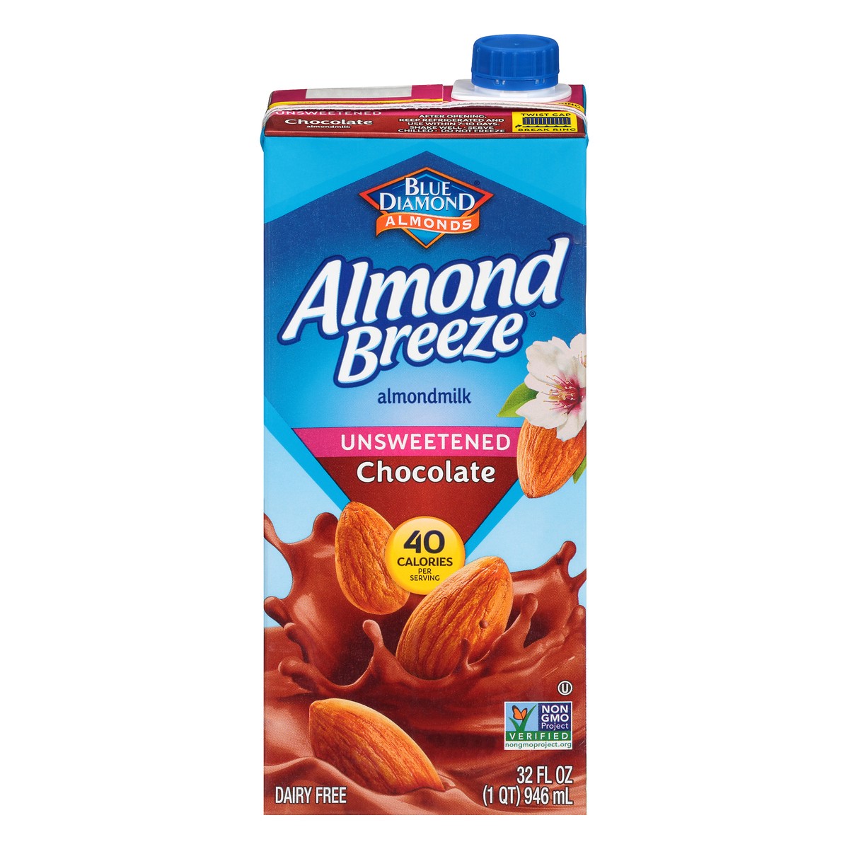 slide 1 of 9, Blue Diamond Almond Breeze Unsweetened Chocolate Almond Milk, 1 qt