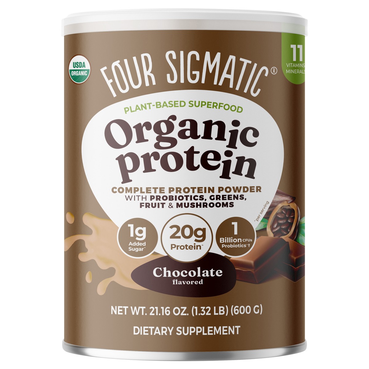 slide 1 of 4, Four Sigmatic Plant-Based Organic Chocolate Organic Complete Protein 21.16 oz, 21.6 oz