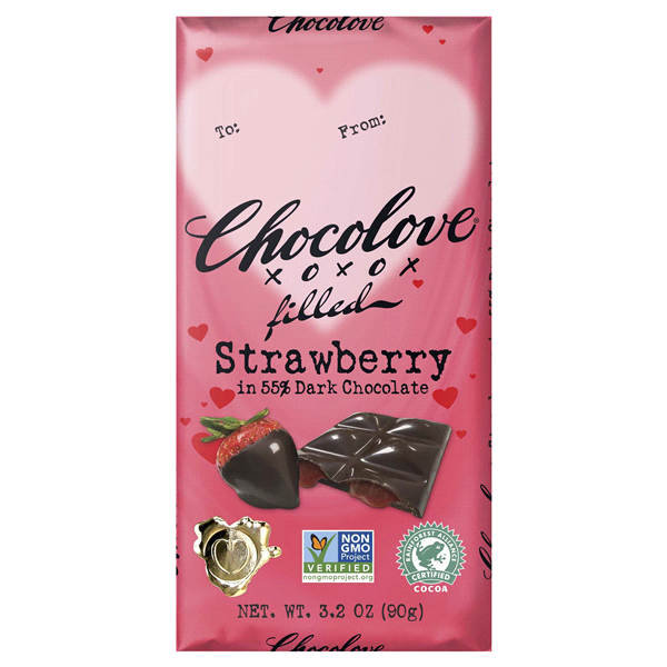 slide 1 of 1, Chocolove Valentine's Strawberry Filled Dark Chocolate Bar, 3.2 oz