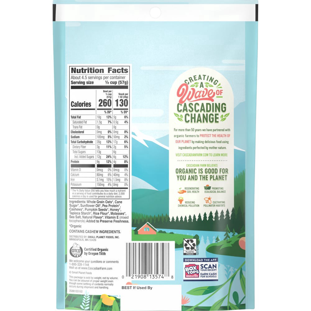 slide 3 of 6, Cascadian Farm Organic Honey Cashew Granola, Protein Granola, Non-GMO, Resealable Pouch, 9 oz, 9 oz