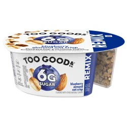 Too Good & Co. REMIX Blueberry Flavored Low Fat Yogurt-Cultured Ultra-Filtered Low Fat Milk with Honey Praline Roasted Almond and Cinnamon Oat Crisp Mix Ins, 4.5 oz cup