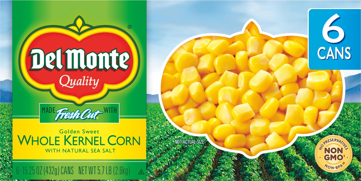 slide 5 of 7, Del Monte Golden Sweet Whole Kernel With Natural Sea Salt Corn 6 - 15.25 oz Cans, 6 ct