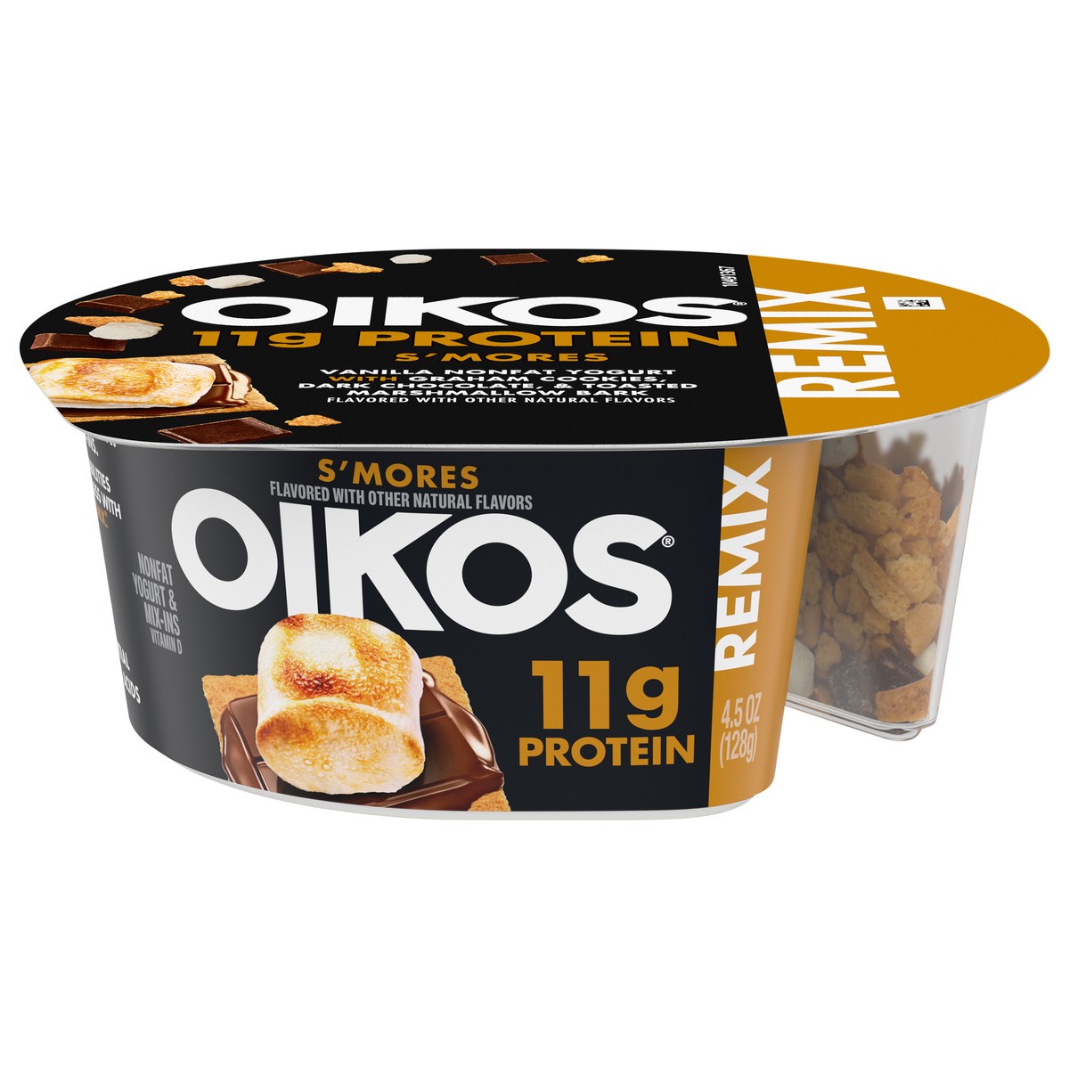 slide 1 of 15, Oikos REMIX S’mores Vanilla Nonfat Greek Yogurt with Graham Cookies, Dark Chocolate and Toasted Marshmallow Bark Mix-Ins, Delicious High Protein Yogurt Snack With 11g of Protein, 4.5 OZ Cup, 4.5 oz